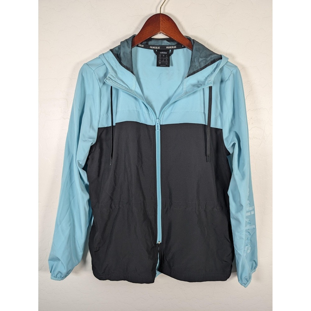 Adidas Jacket‎ Womens Medium Blue Black Primeblue Hooded Windbreaker Lightweight